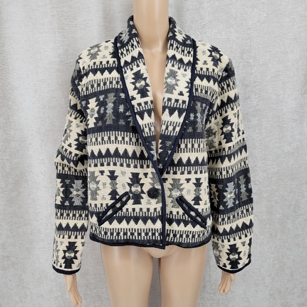 New Identity Vintage Aztec Wester Shawl Collar Cropped Tapestry Jacket Blazer